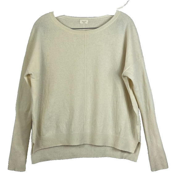 Naif Montreal Knit Sweater Womens M Ivory Wool Cashmere Blend Ribbed Trim Hi-Low - Picture 1 of 10